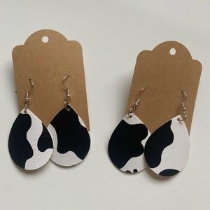 Cowprint teardrop leather earrings
